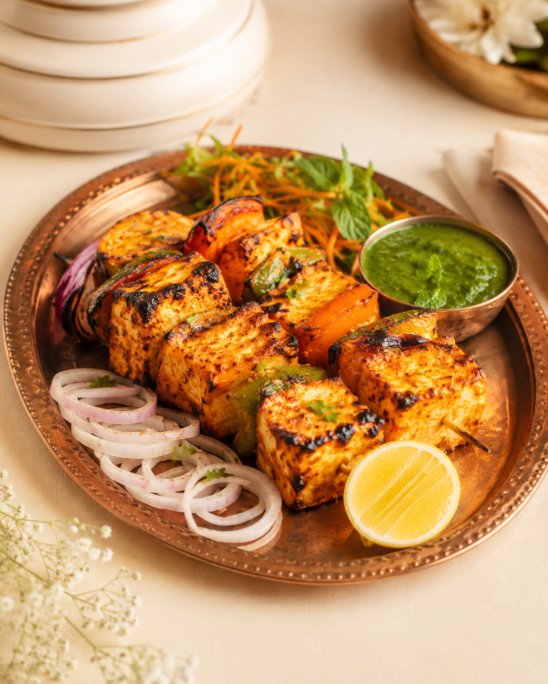 Paneer tikka grilled with peppers and onions, served with mint chutney
