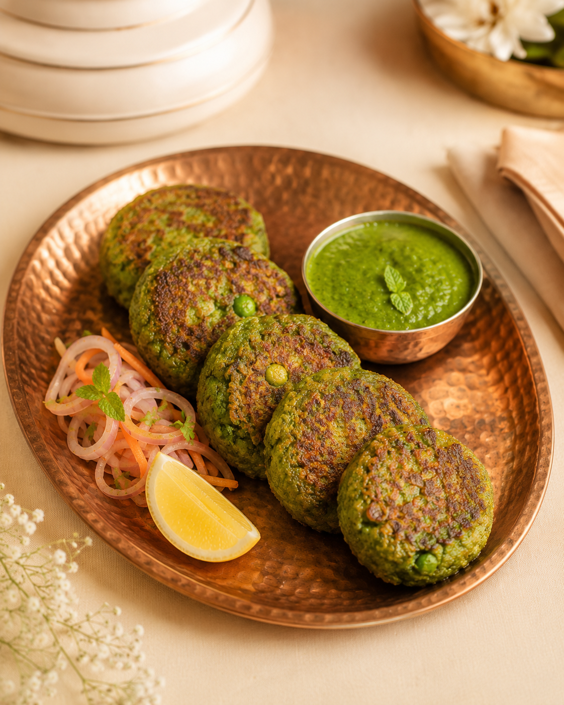 Hara bhara kabab served with mint chutney and onion salad