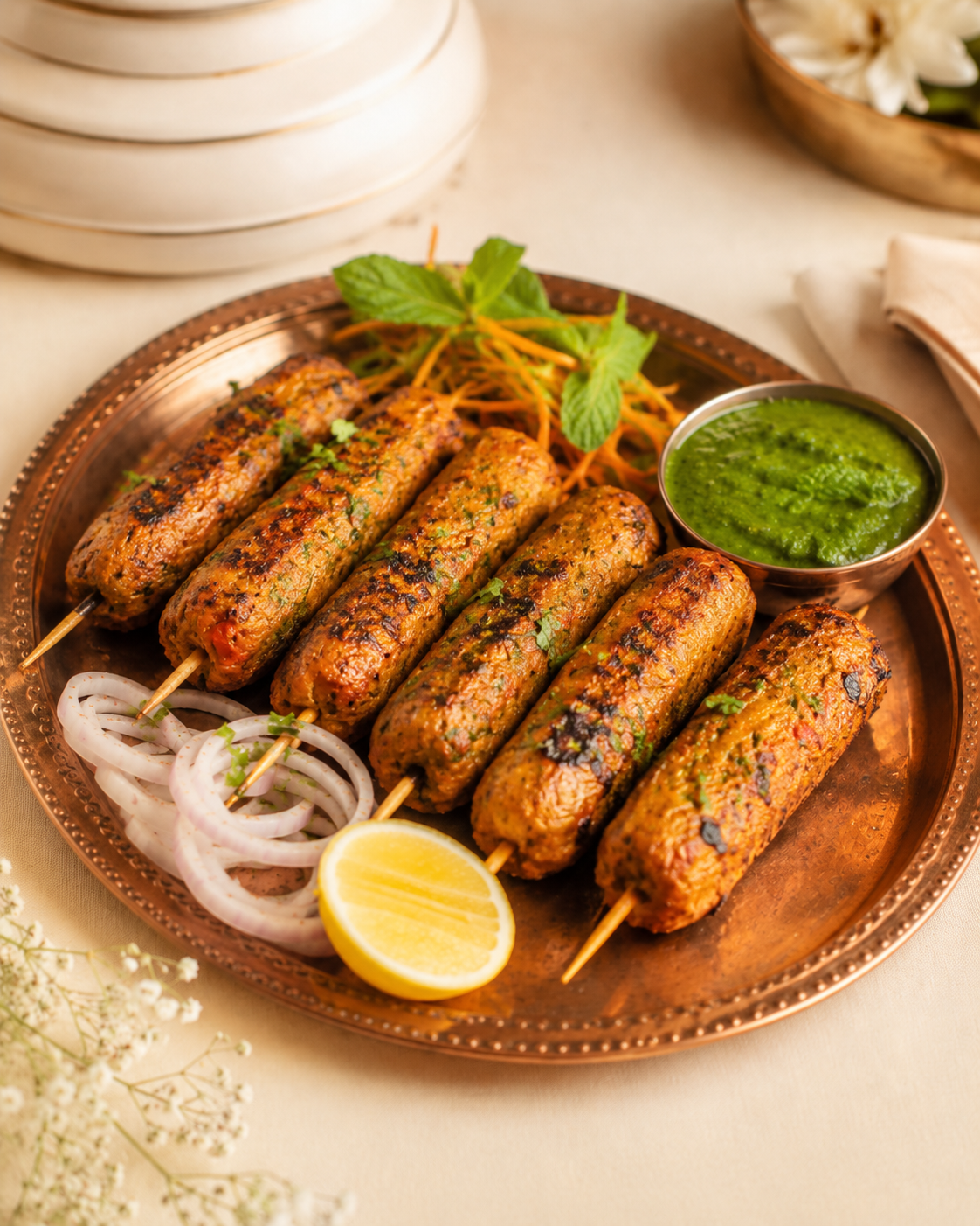 Vegetarian seekh kababs grilled on skewers and served with mint chutney