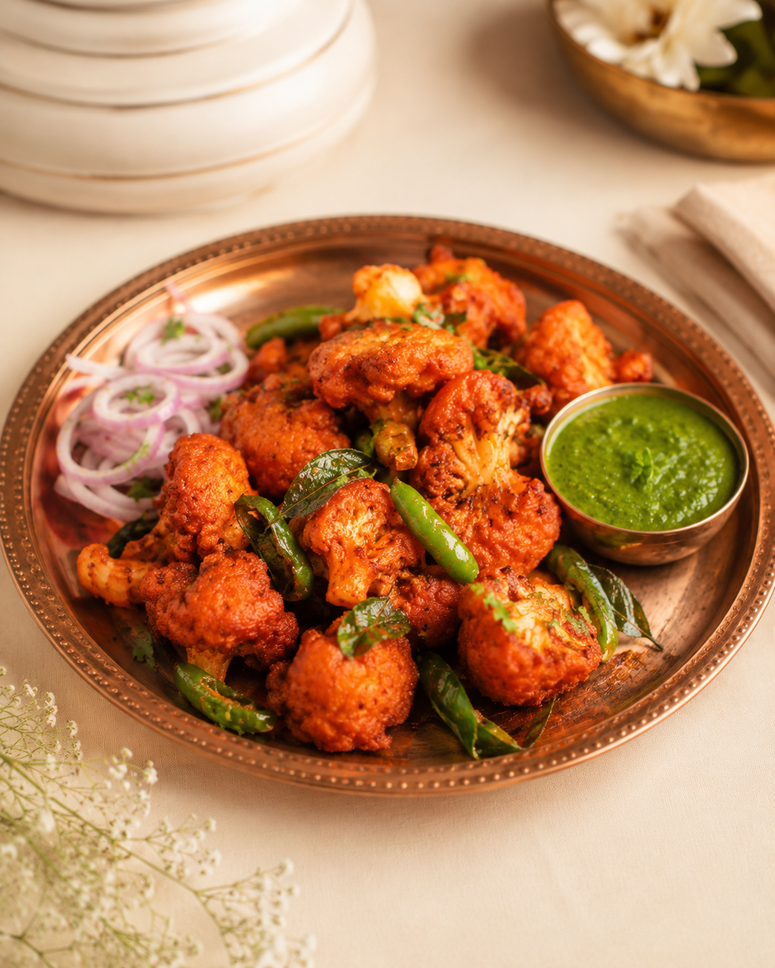 Crispy Gobi 65 with green chillies and mint chutney