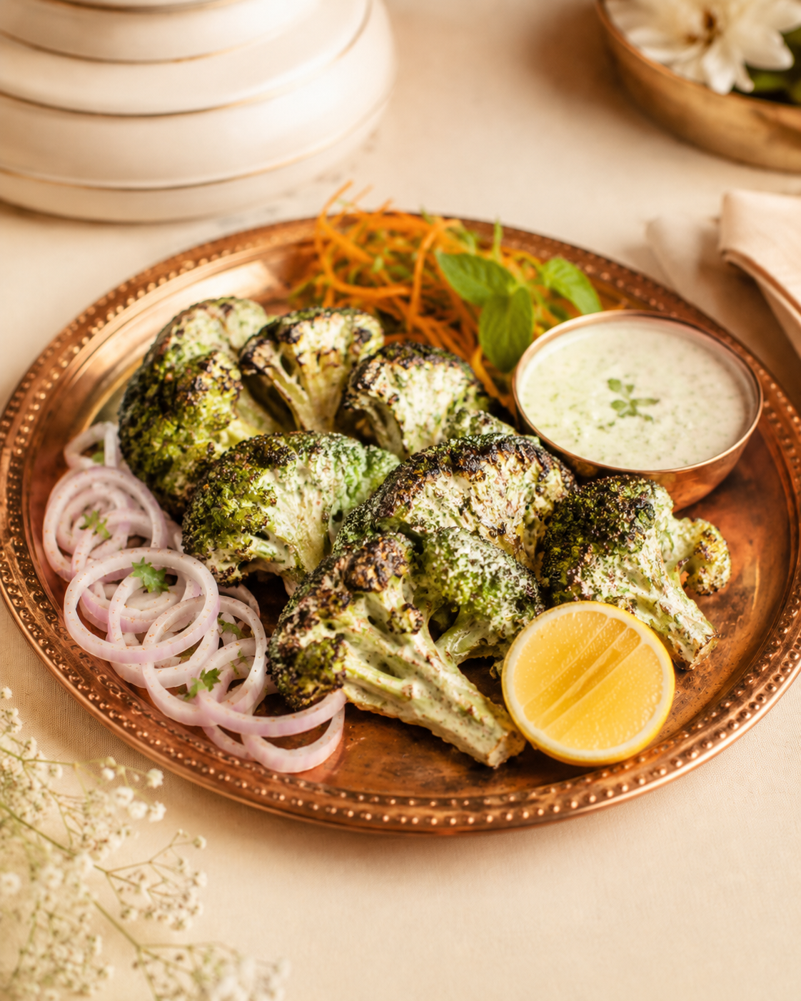 Creamy malai broccoli grilled in the tandoor and served with dip