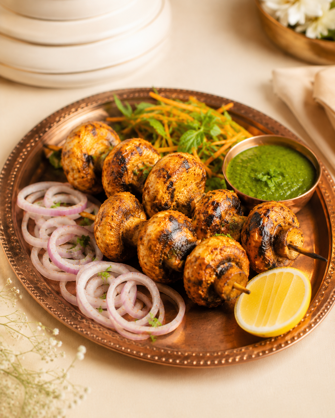 Tandoori mushroom tikka served with mint chutney and onions