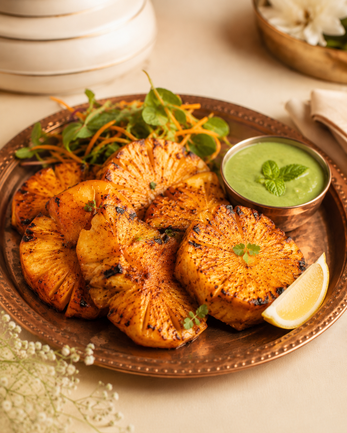 Tandoori pineapple slices grilled with spices and served with chutney