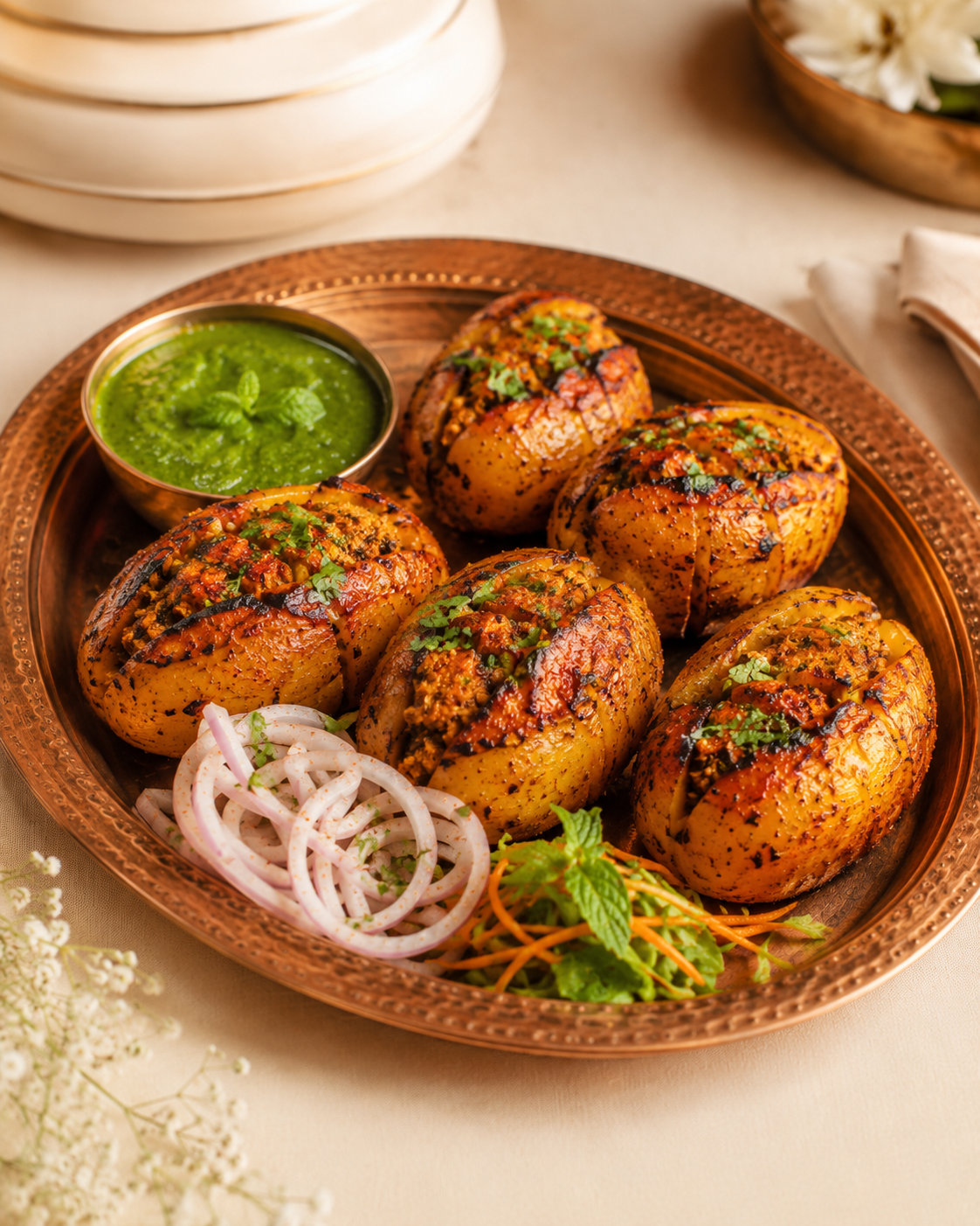 Stuffed tandoori potatoes grilled with spices and served with mint chutney